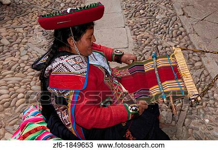 Traditional woman in costume weaving blanket or rug in Saqsayhuaman tourist attration near Cusco Peru View Large Photo Image Stock Image - Traditional woman in costume weaving blanket or rug in Saqsayhuaman tourist attration near Cusco Peru. Fotosearch