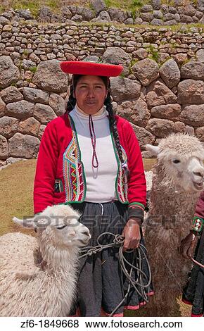 Traditional woman with colorful clothes and llamas in religious region Saqsayhuaman tourist attration near Cusco Peru View Large Photo Image Stock Photo - Traditional woman with colorful clothes and llamas in religious region Saqsayhuaman tourist attration near Cusco Peru. Fotosearch