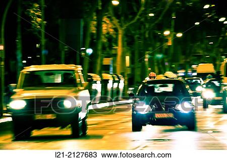 Stock Image - Traffic at night. Barcelona, Catalonia, Spain.. Fotosearch
