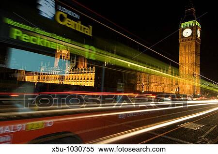 Stock Photography - Traffic at night on London's Westminster bridge. Fotosearch
