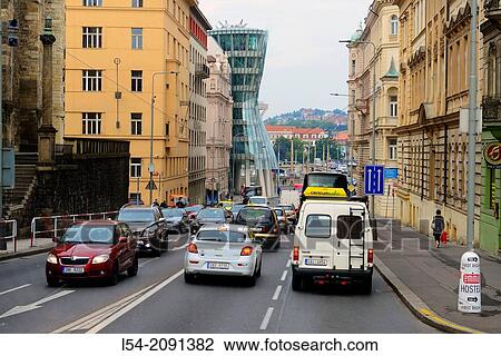 Traffic in Prague Czech Republic with Dancing House Europe CZ. View Large Photo Image Stock Image - Traffic in Prague Czech Republic with Dancing House Europe CZ.. Fotosearch