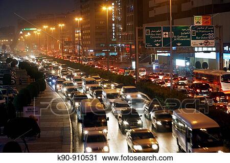 Stock Image - Traffic jam in the night, Dubai, United Arab Emirates UAE, Arabian peninsular, Asia. Fotosearch