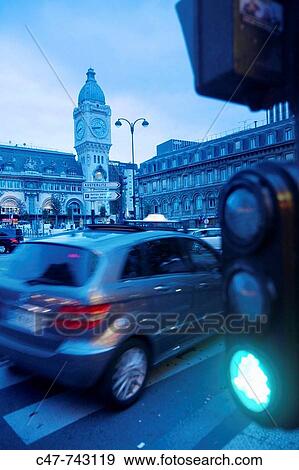 Stock Photo - Traffic light in front of the Gare de Lyon, Paris, France. Fotosearch