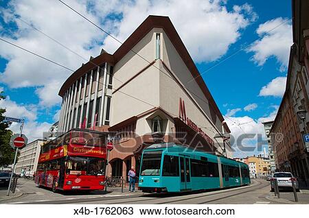 Stock Image - Traffic outside Museum of modern art along Braubachstrasse street Frankfurt am Main state of Hesse Germany Europe. Fotosearch