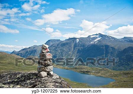 Stock Photography - Trail marking cairn, Jotunheimen national park, Norway. Fotosearch