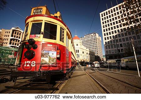 Train in the streets of Christchurch, New Zealand View Large Photo Image Stock Image - Train in the streets of Christchurch, New Zealand. Fotosearch