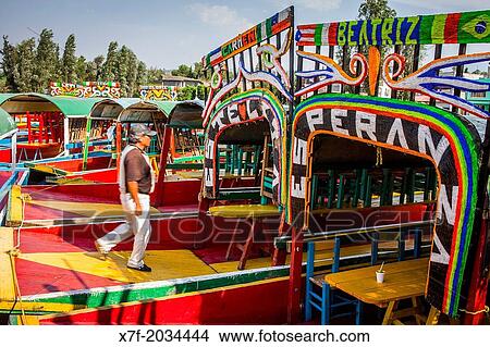 Trajineras on Canal, Xochimilco, Mexico City, Mexico. View Large Photo Image Picture - Trajineras on Canal, Xochimilco, Mexico City, Mexico.. Fotosearch