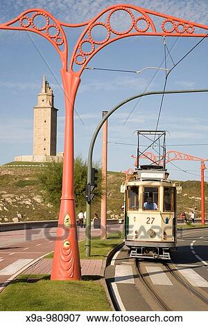 Tram and Hercules Tower, La Coruna, Galicia, Spain View Large Photo Image Stock Photo - Tram and Hercules Tower, La Coruna, Galicia, Spain. Fotosearch