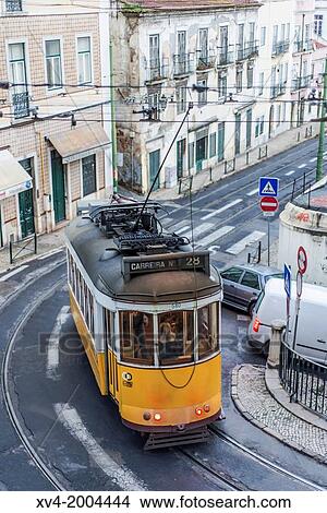 Picture - Tram in Alfama district, Lisbon, Portugal.. Fotosearch