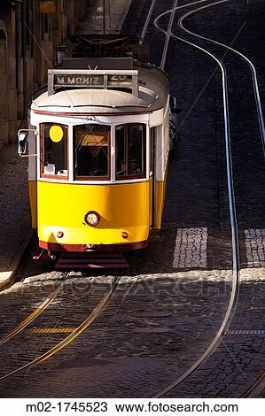 Stock Image - Tram in Lisbon downtown, Portugal, Europe. Fotosearch