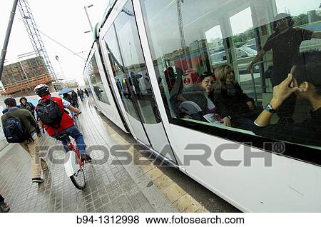 Stock Photo - Tram in Pla? a de les Glories, Barcelona, Catalonia, Spain. Fotosearch