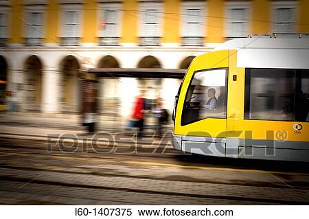 Stock Photography - Tram in Pra? a do Comercio, Lisboa, Portugal. Fotosearch