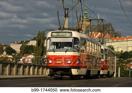 Stock Image - TRAM MANESUV BRIDGE STARE MESTO PRAGUE CZECH REPUBLIC. Fotosearch