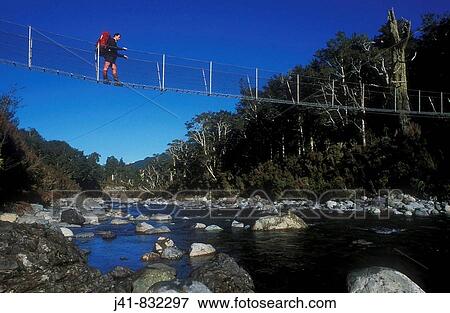 Tramper crossing swingbridge over Ruamahanga River Tararua Forest Park New Zealand View Large Photo Image Stock Photo - Tramper crossing swingbridge over Ruamahanga River Tararua Forest Park New Zealand. Fotosearch