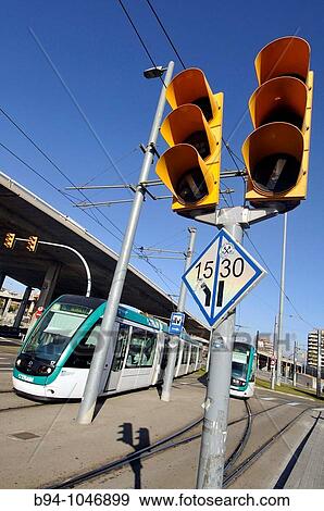 Trams in Pla? a de les Glories, Barcelona. Catalonia, Spain View Large Photo Image Stock Photo - Trams in Pla? a de les Glories, Barcelona. Catalonia, Spain. Fotosearch