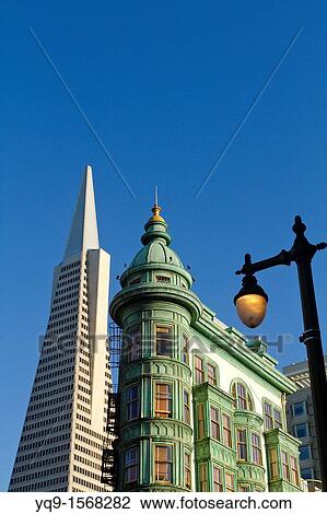 Stock Image - TransAmerica Building and Columbus Tower, Old and New Architecture, North Beach Landmark, San Francisco, California, USA. Fotosearch