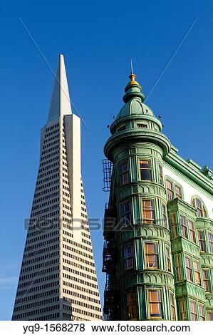 Stock Photo - TransAmerica Building and Columbus Tower, Old and New Architecture, North Beach Landmark, San Francisco, California, USA. Fotosearch