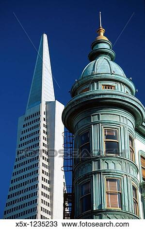 Stock Image - Transamerica Pyramid building on left and Francis Ford Coppola building in San Francisco, California, USA. Fotosearch