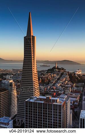 Picture - Transamerica Pyramid, Coit Tower and Alcatraz at sunrise, San Francisco, California, USA. Fotosearch