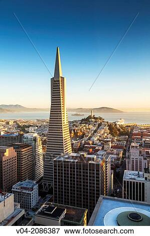 Transamerica Pyramid, Coit Tower and Alcatraz at sunrise, San Francisco, California, USA View Large Photo Image Stock Photo - Transamerica Pyramid, Coit Tower and Alcatraz at sunrise, San Francisco, California, USA. Fotosearch