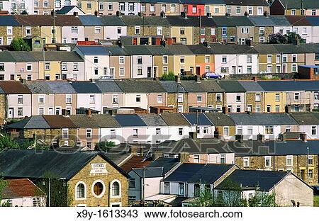Stock Image - Tredegar town village coal mining community terraced houses and Bethel Baptist Church, Gwent, south Wales, UK. Fotosearch