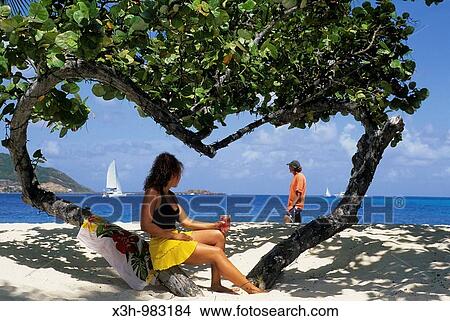 Picture - tree heart-shaped on the beach, Palm island, Grenadines islands, Saint Vincent and the Grenadines, Winward Islands, Lesser Antilles, Caribbean Sea. Fotosearch