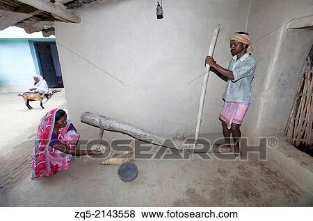 Stock Photo - Tribal couple using this Dheki (a traditional wooden rice thrasher) Jamuniyatand village in Bokaro District Jharkhand.. Fotosearch