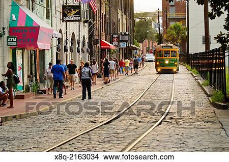 Trolly car on River Street, Savannah, Georgia, USA. View Large Photo Image Picture - Trolly car on River Street, Savannah, Georgia, USA.. Fotosearch