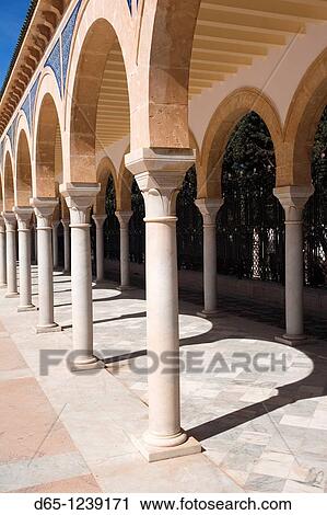 Stock Image - Tunisia, Tunisian Central Coast, Monastir, Mausoleum of HAbib Bourguiba, founder of post-colonial Tunisia, arches. Fotosearch