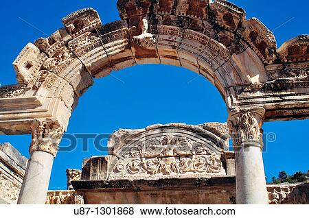 Stock Photo - Turkey, Kusadasi, The facade of Hadrian's Temple, Hadrian's Arch facing Curetes Street in Ephesus. Fotosearch