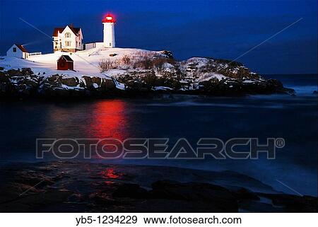Twilight, Nubble Lighthouse View Large Photo Image Stock Photo - Twilight, Nubble Lighthouse. Fotosearch