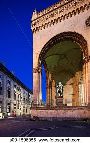Stock Photography - Twilight view of the Feldherrnhalle, Residenzstrasse and Odeonplatz, Munich, Bayern, Germany. Fotosearch