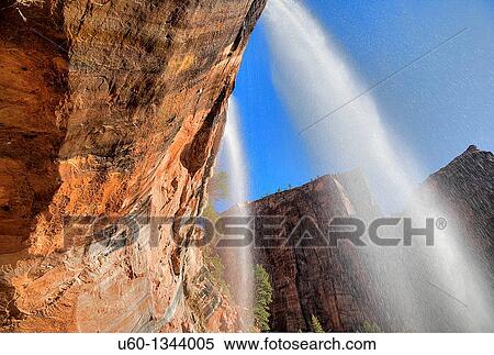 Twin falls are produced from the Emerald pools at Zion National Park, Utah View Large Photo Image Stock Photography - Twin falls are produced from the Emerald pools at Zion National Park, Utah. Fotosearch