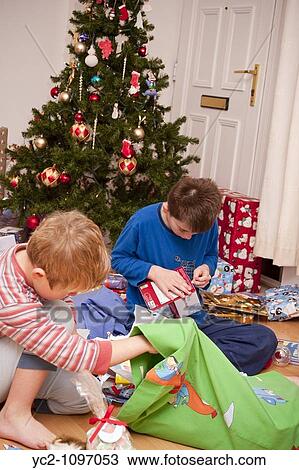 Two brothers opening their Christmas presents under the tree in the Uk View Large Photo Image Stock Image - Two brothers opening their Christmas presents under the tree in the Uk. Fotosearch