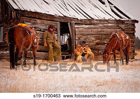 Two Cowboys at the Cabin View Large Photo Image Stock Image - Two Cowboys at the Cabin. Fotosearch