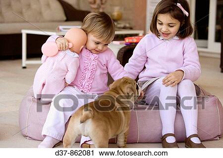Two girls playing with their pet at home View Large Photo Image Stock Image - Two girls playing with their pet at home. Fotosearch