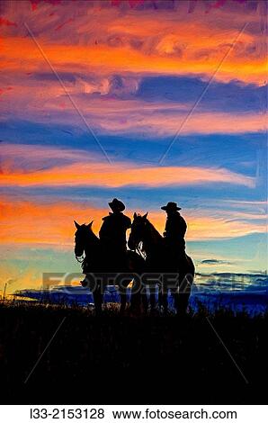 Two Montana cowboys silhouettes. View Large Photo Image Stock Photo - Two Montana cowboys silhouettes.. Fotosearch