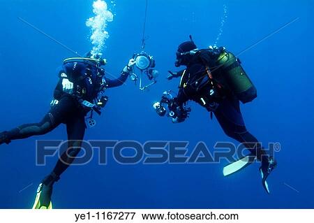 Stock Photo - Two scuba divers inspect their underwater photography equipment, La Ciotat, France.. Fotosearch