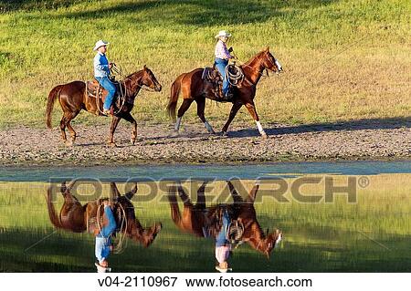 Two wrangler (Cowboys) on horse at a lake, California, USA View Large Photo Image Stock Photo - Two wrangler (Cowboys) on horse at a lake, California, USA. Fotosearch
