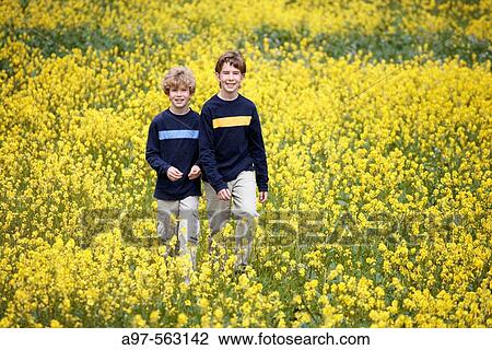 Two young brothers walking through a field of yellow flowers. View Large Photo Image Stock Image - Two young brothers walking through a field of yellow flowers.. Fotosearch
