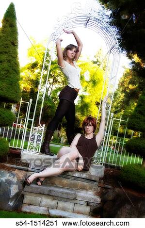 Stock Image - Two young caucasian women in Spokane, Washington, USA.. Fotosearch