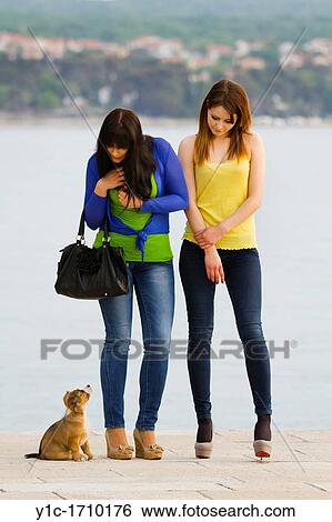 Two young women and a small dog View Large Photo Image Stock Photograph - Two young women and a small dog. Fotosearch