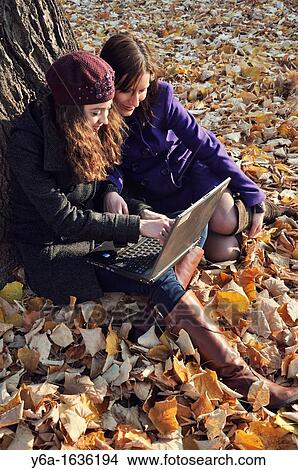 Two young women outdoors sitting on autumn leaves using laptop View Large Photo Image Picture - Two young women outdoors sitting on autumn leaves using laptop. Fotosearch