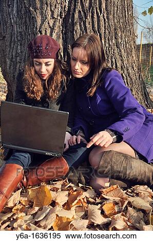 Stock Photography - Two young women outdoors sitting on autumn leaves using laptop. Fotosearch