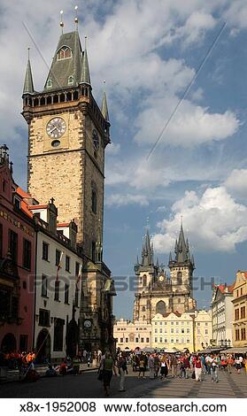 Tyn Church and the Astronomical Clock Tower, Prague, CZ. View Large Photo Image Stock Photo - Tyn Church and the Astronomical Clock Tower, Prague, CZ.. Fotosearch
