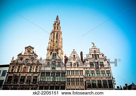 Typical facades with the Cathedral in Grote Markt, Antwerp, Belgium. View Large Photo Image Stock Image - Typical facades with the Cathedral in Grote Markt, Antwerp, Belgium.. Fotosearch