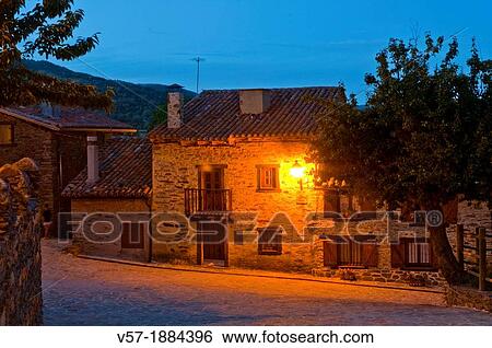 Typical house, night view. La Hiruela, Madrid province, Spain. View Large Photo Image Stock Photograph - Typical house, night view. La Hiruela, Madrid province, Spain.. Fotosearch