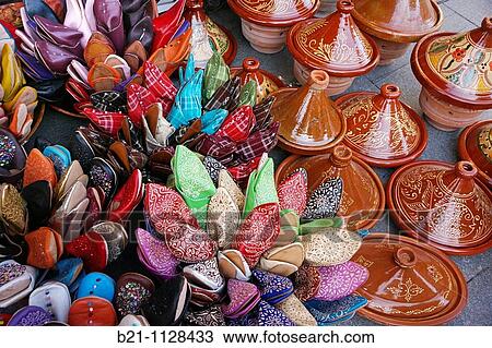 Typical slippers and tajines, handicrafts, Morocco View Large Photo Image Stock Image - Typical slippers and tajines, handicrafts, Morocco. Fotosearch