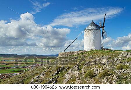Typical windmill in Consuegra village, in the Route of Don Qiuijote, Toledo province, Castilla-La Mancha, Spain. View Large Photo Image Stock Photography - Typical windmill in Consuegra village, in the Route of Don Qiuijote, Toledo province, Castilla-La Mancha, Spain.. Fotosearch