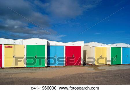 UK, England, Devon, Exmouth beach hut terrace. View Large Photo Image Stock Image - UK, England, Devon, Exmouth beach hut terrace.. Fotosearch